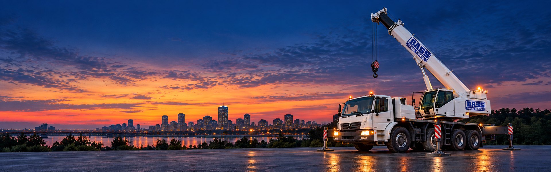 Bass Crane truck crane at dusk with the Richmond skyline behind