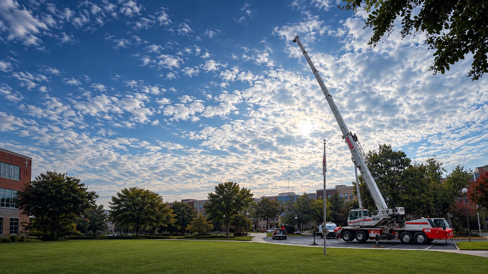 Bass Crane 100-ton crane with boom raised against a dramatic morning sky on a Richmond jobsite