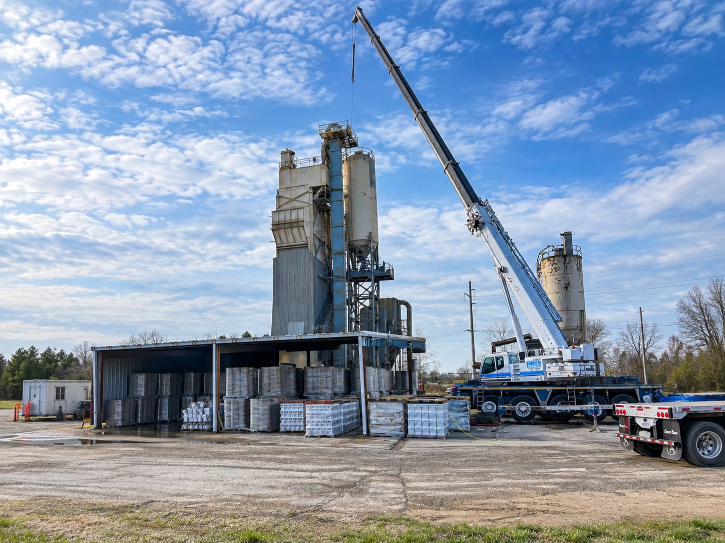Bass Crane working beside concrete plant silos