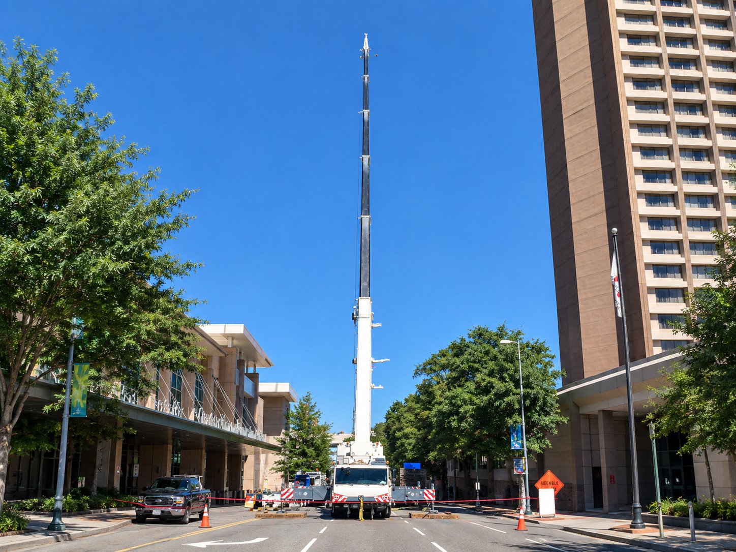 Bass Crane boom extended beside a downtown Richmond high-rise