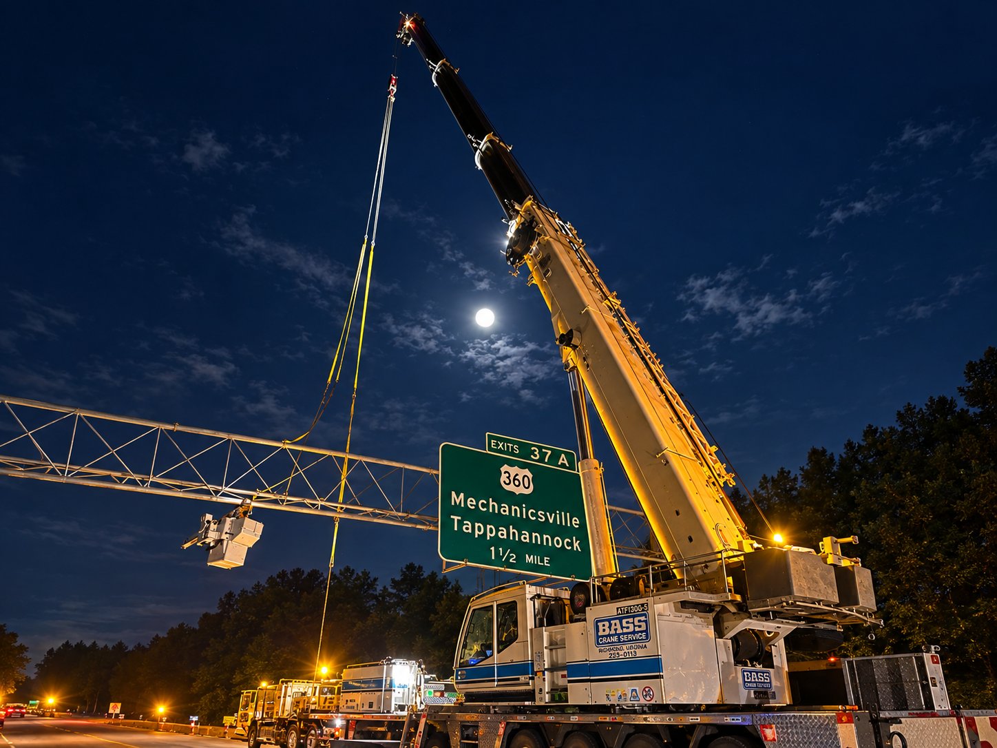 160-ton Bass Crane setting a highway sign structure at night for VDOT
